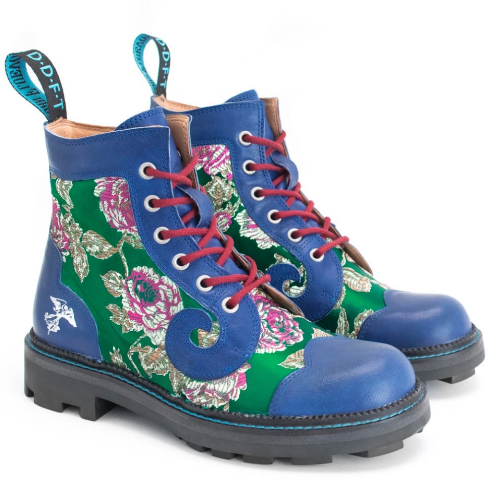 John Fluevog Combat Boots Blue with Green floral pattern